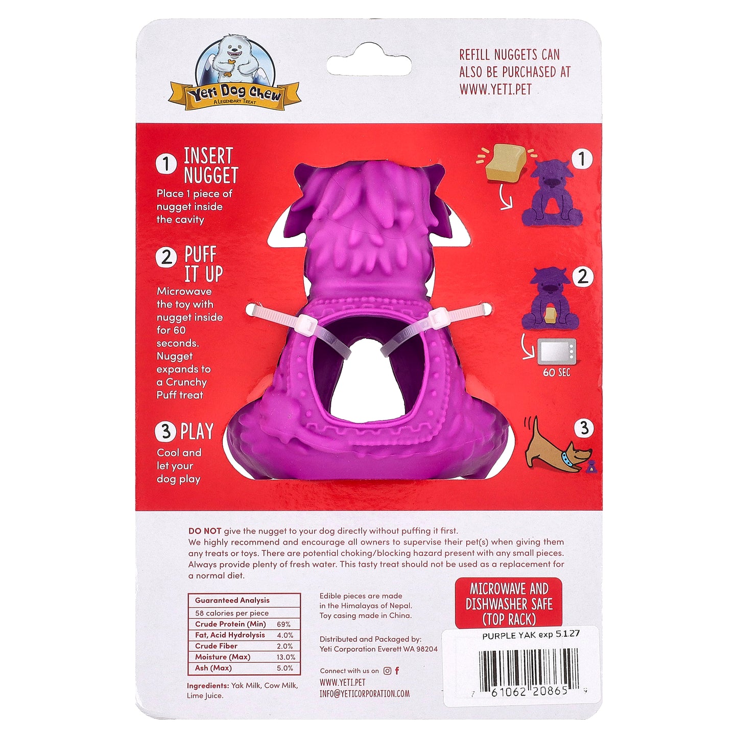 Puff & Play, Treat Dispenser, Yeti Dog Chew Nuggets, Purple, 4 Nuggets, 1 Dispenser