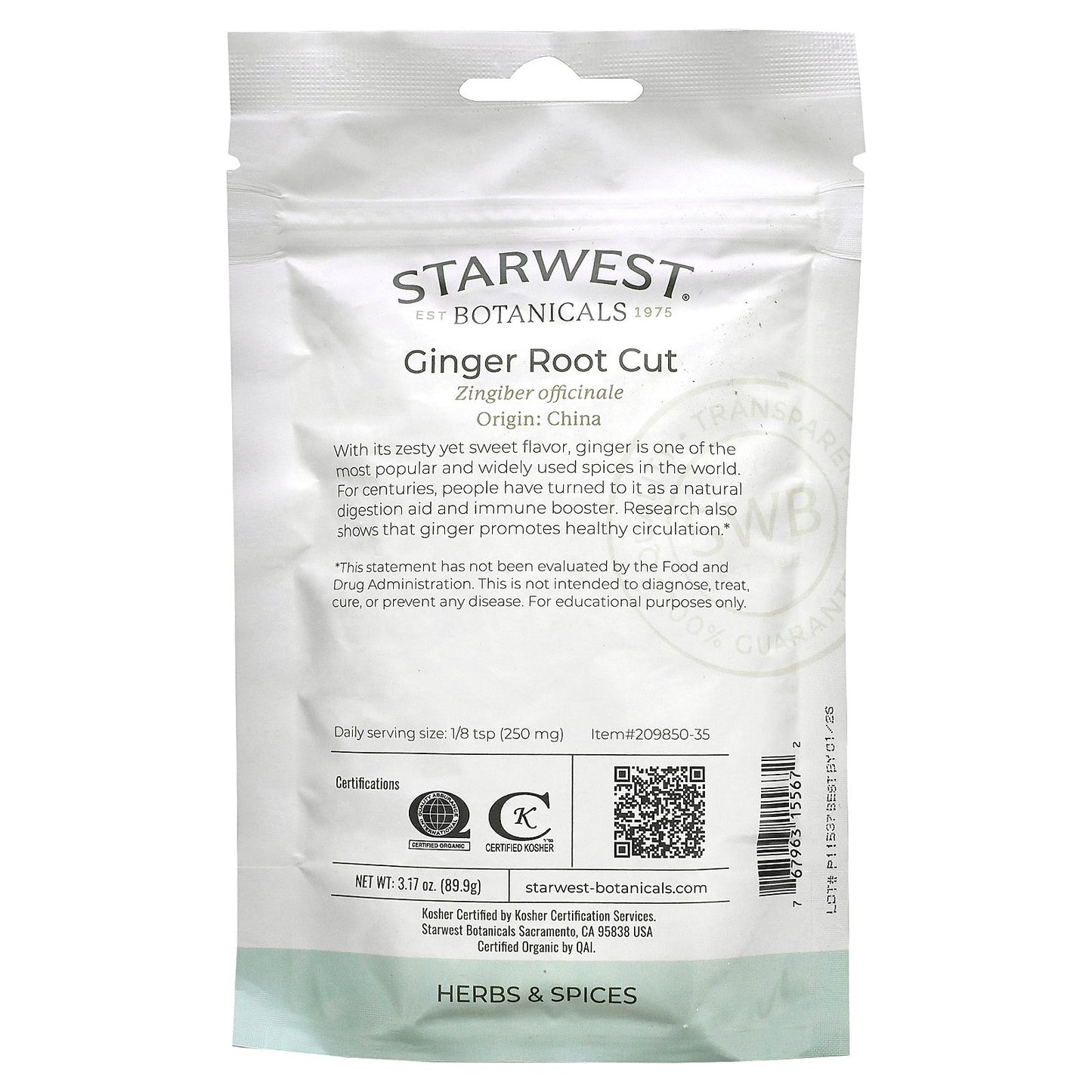 Starwest Botanicals, Organic Ginger Root Cut, 3.17 oz (89.9 g)