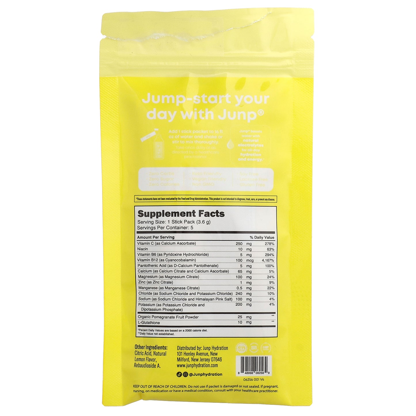 JUNP Hydration, Electrolyte Powder Mix, Lemon, 5 Stick Packs, 0.13 oz (3.6 g) Each