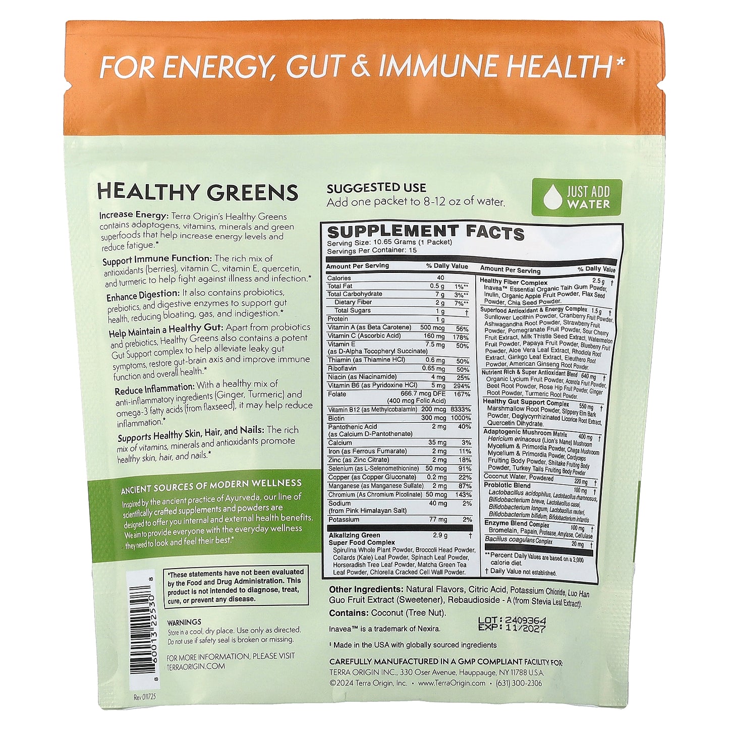 Terra Origin, Healthy Greens, Tropical Passionfruit, 15 On-The-Go Packets, 0.38 oz (10.65 g) Each