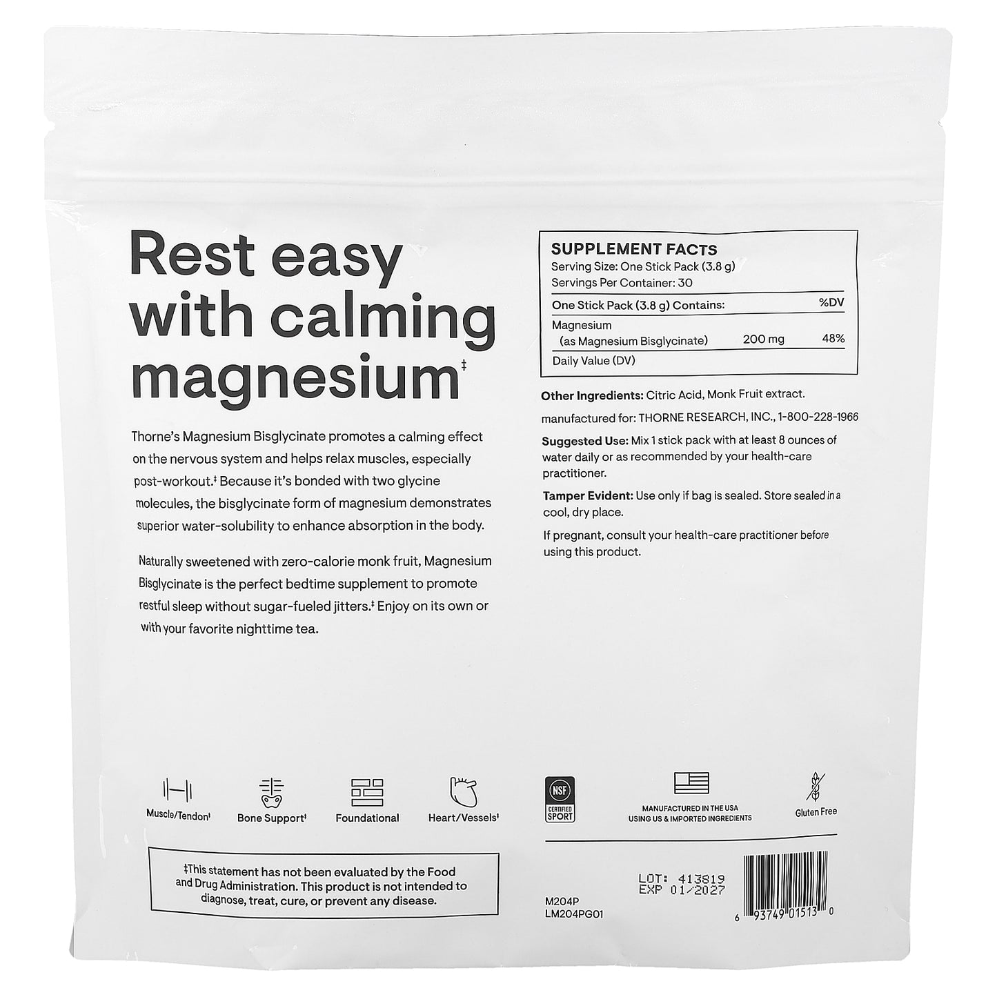 Thorne, Magnesium Bisglycinate, 30 Stick Packs, 0.13 oz (3.8 g) Each
