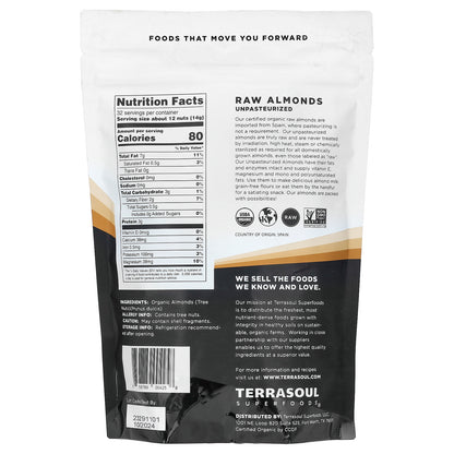 Terrasoul Superfoods, Raw Whole Almonds, Unpasteurized, 16 oz (454 g)