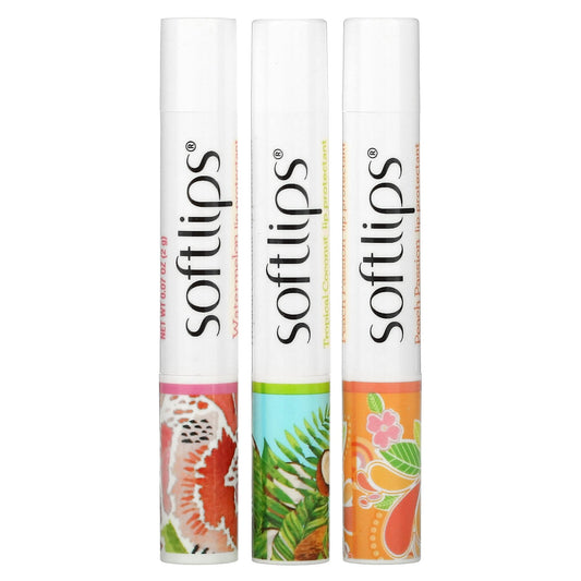 Softlips, Lip Protectant, Watermelon, Tropical Coconut, Peach Passion, 3 Pack, 0.07 oz (2 g) Each