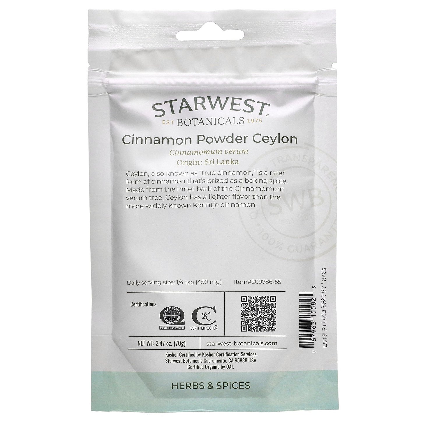 Starwest Botanicals, Organic Cinnamon Powder Ceylon, 2.47 oz (70 g)