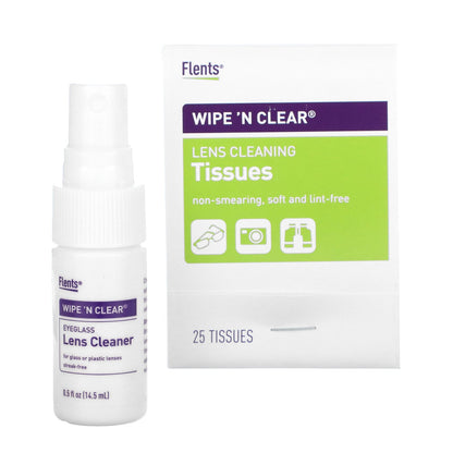 Flents, Wipe 'N Clear, Eyeglass Lens Cleaner, 50 Wipes, 1 Spray, 0.5 fl oz (14.5 ml)