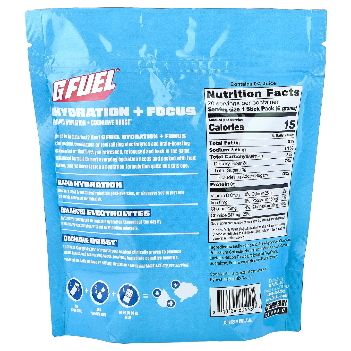 G FUEL, Hydration + Focus, Electrolyte Drink Mix with Cognizin®, Strawberry Splash, 20 Stick Packs, 0.21 oz (6 g) Each