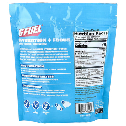 G FUEL, Hydration + Focus, Electrolyte Drink Mix with Cognizin®, Strawberry Splash, 20 Stick Packs, 0.21 oz (6 g) Each