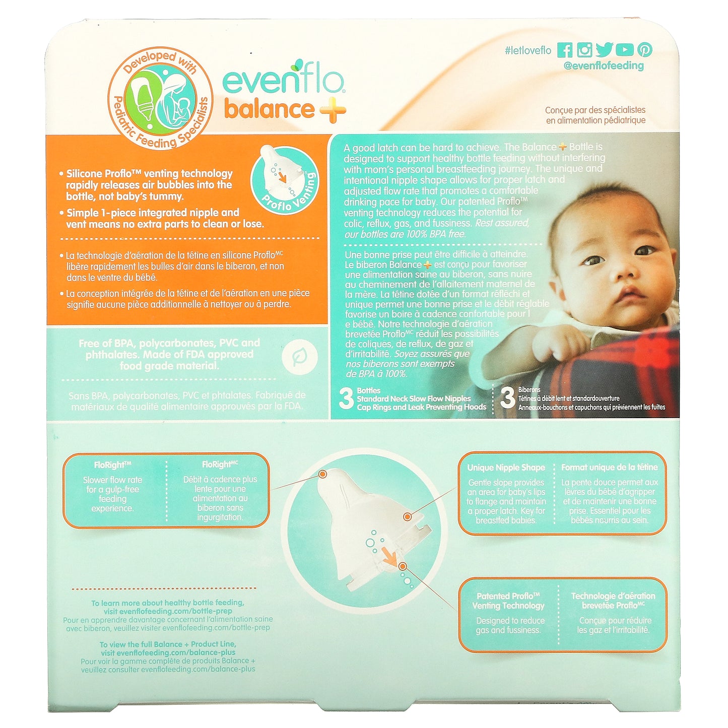 Evenflo Feeding, Balance+ Bottles, Standard, 0+ Months, Slow Flow, 3 Bottles, 9 oz (270 ml) Each