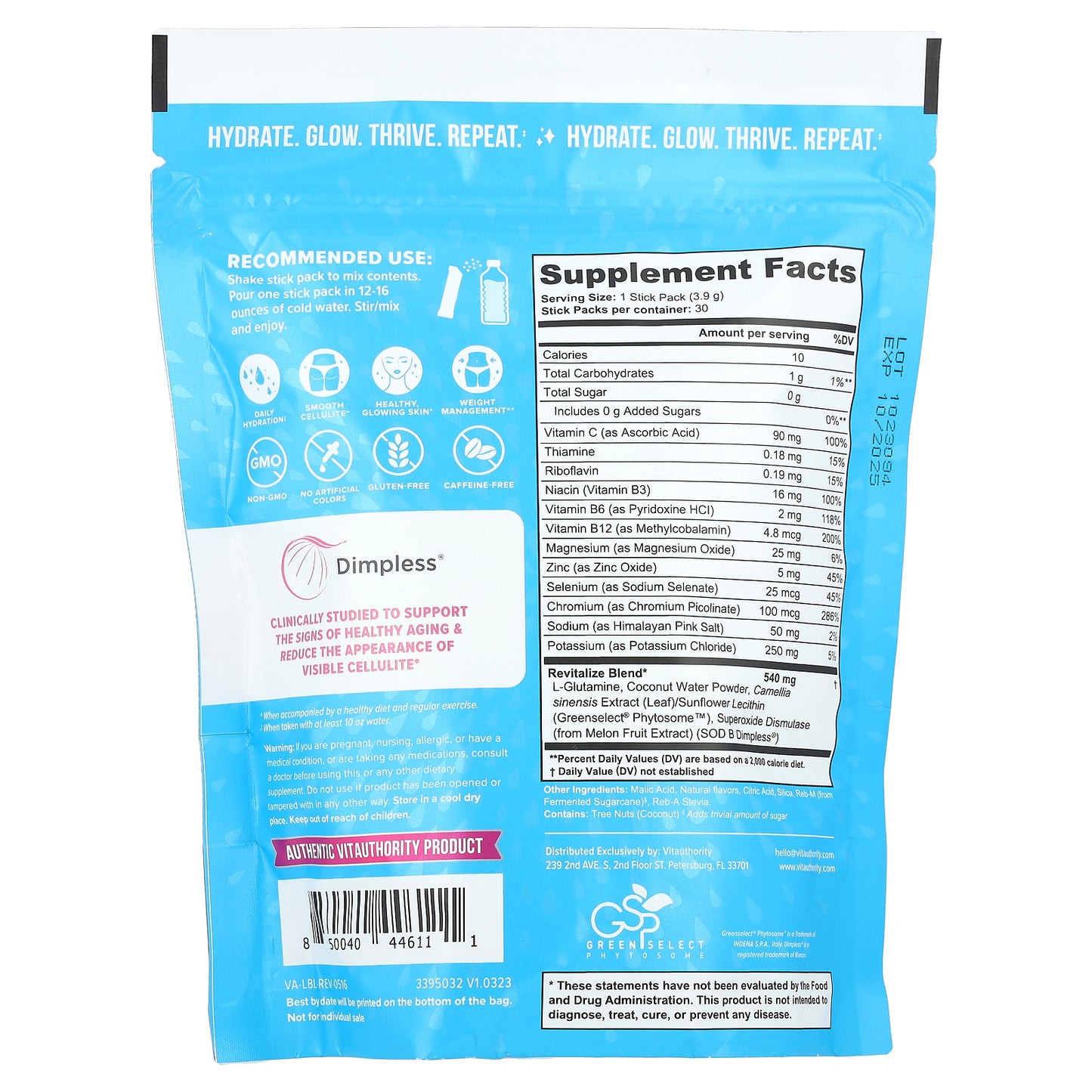 Vitauthority, Revive, Comprehensive Anti-Aging Hydration Mix, Lemonade, 30 Sticks, 0.13 oz (3.9 g) Each