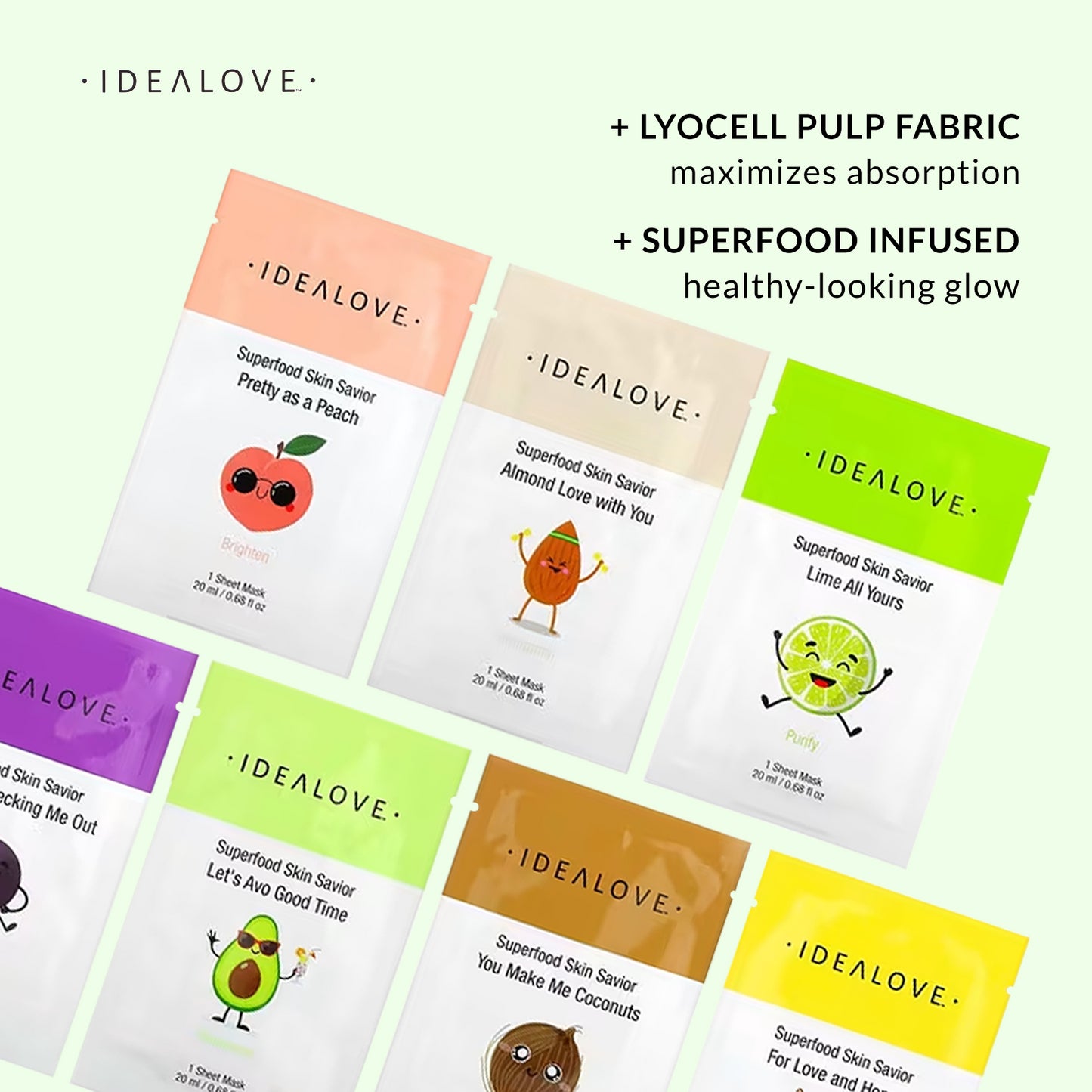 Idealove, Superfood Skin Savior Variety Pack, 7 Beauty Sheet Masks, 0.68 fl oz (20 ml) Each