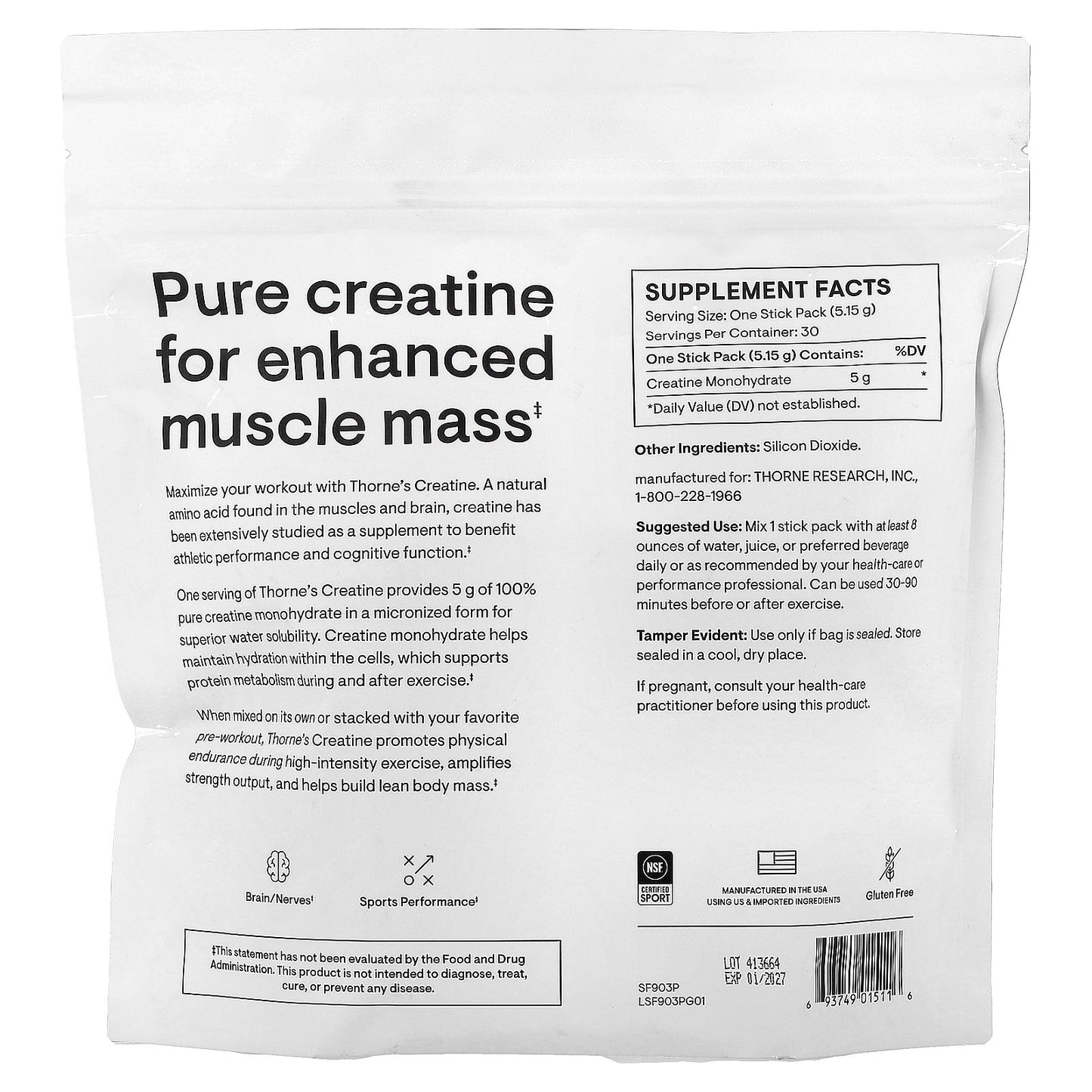 Thorne, Creatine, 30 Stick Packs, 0.18 oz (5.15 g) Each