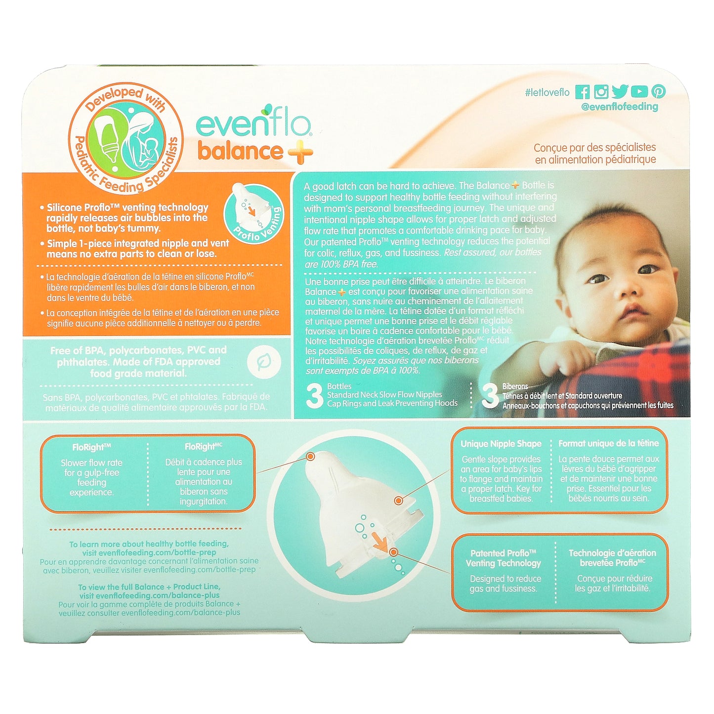 Evenflo Feeding, Balance+ Bottles, Standard, 0+ Months, Slow Flow, 3 Bottles, 4 oz (120 ml) Each