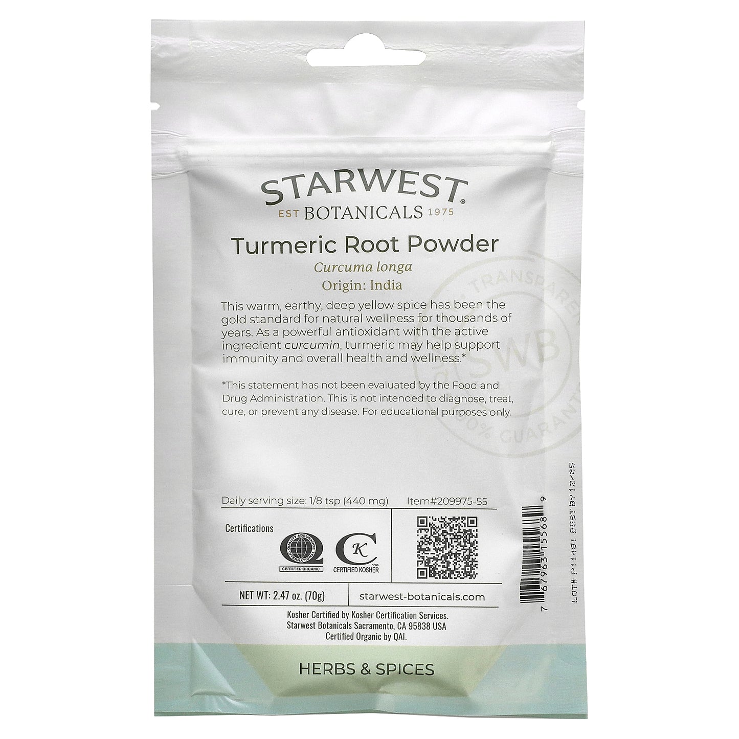 Starwest Botanicals, Organic Turmeric Root Powder, 2.47 oz (70 g)