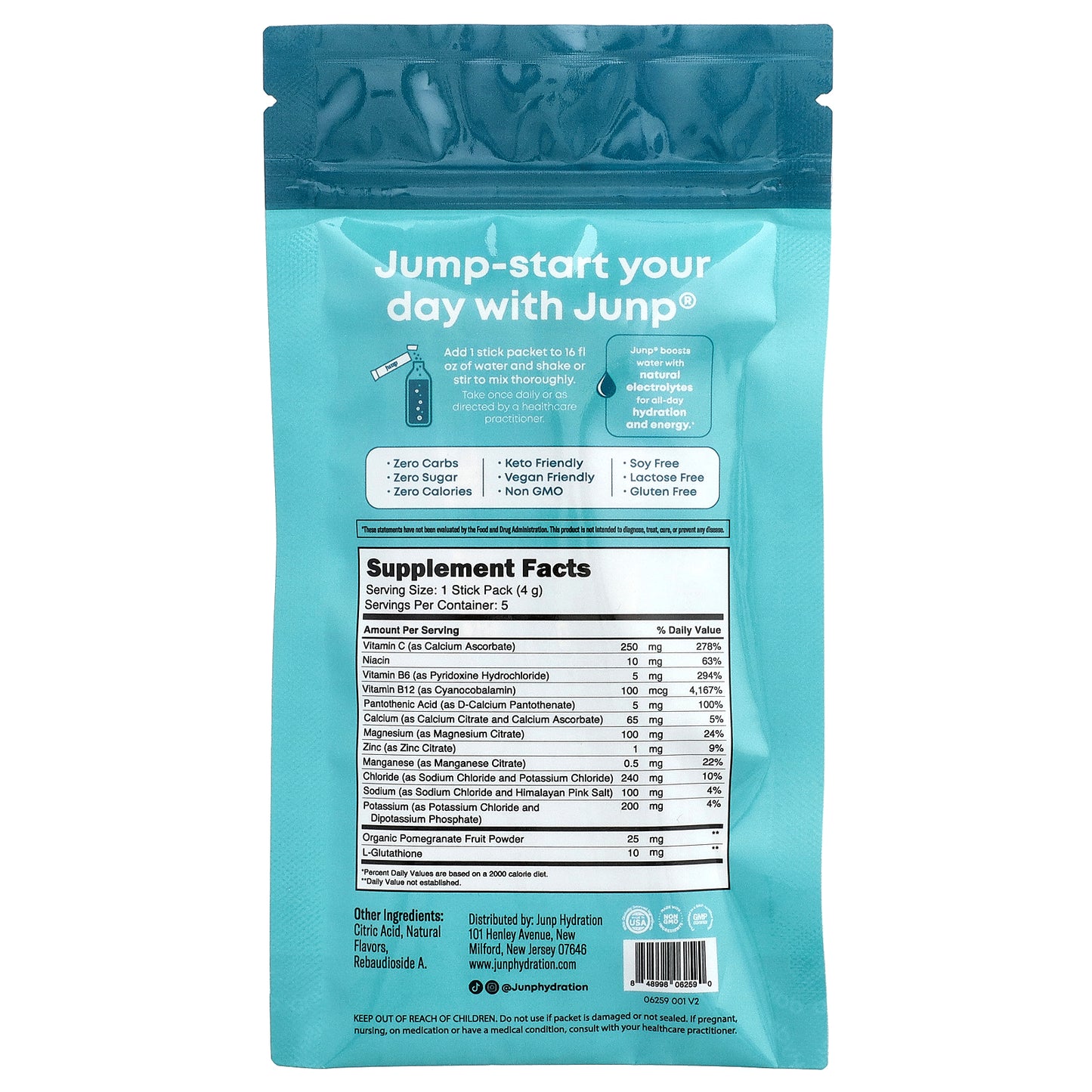 JUNP Hydration, Electrolyte Powder Mix, Pina Colada, 5 Stick Packs, 0.14 oz (4 g) Each