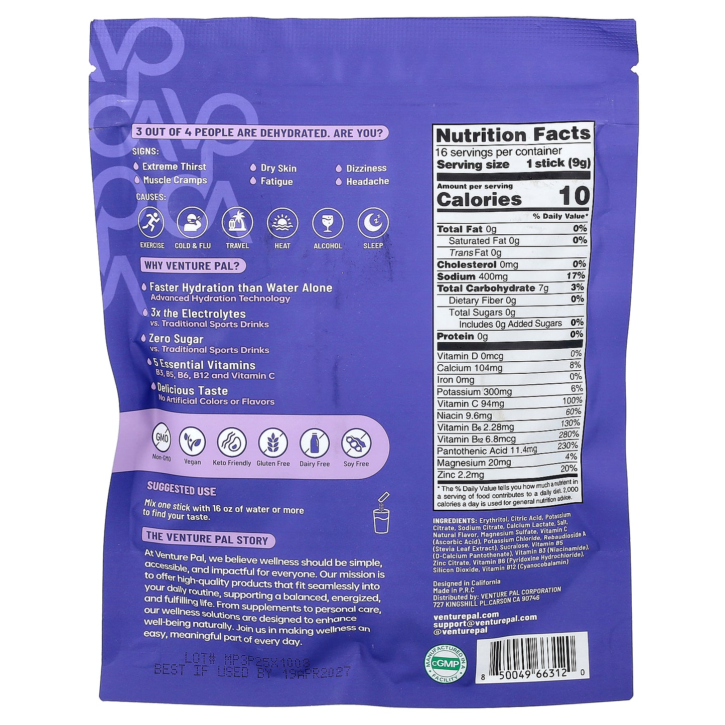 Venture Pal, Hydration Boost, Electrolyte Drink Mix, Grape, 16 Stick Packs, 0.32 oz (9 g) Each