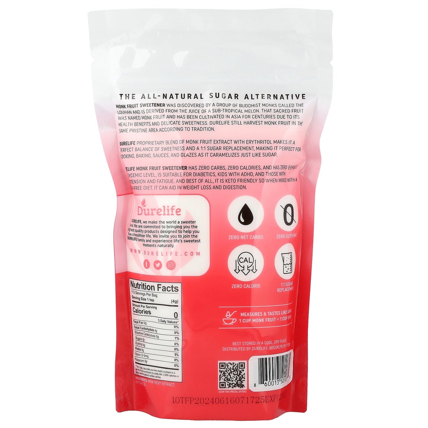 DURELIFE, Erythritol Blend Monk Fruit, Classic, 1 lb (453 g)