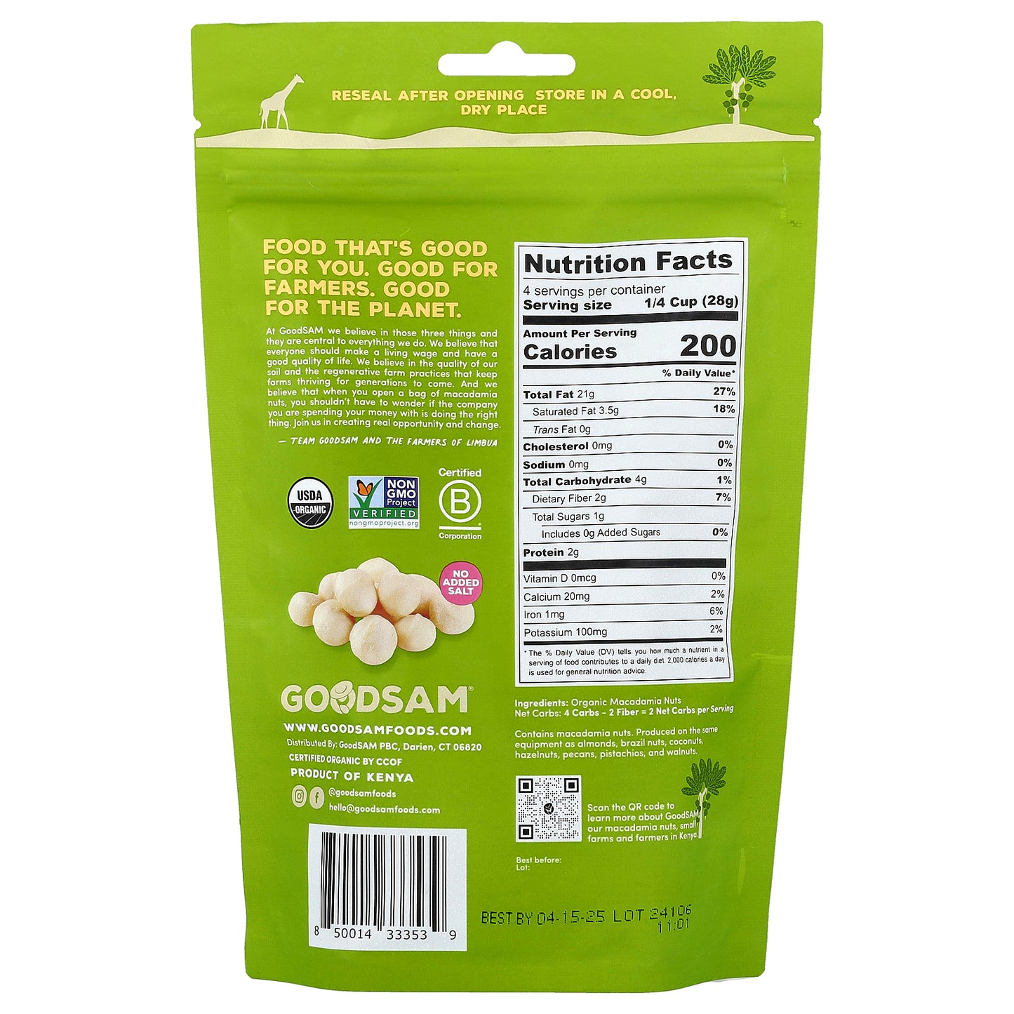 GoodSam, Organic Macadamia Nuts, Raw & Unsalted, 4 oz (113 g)