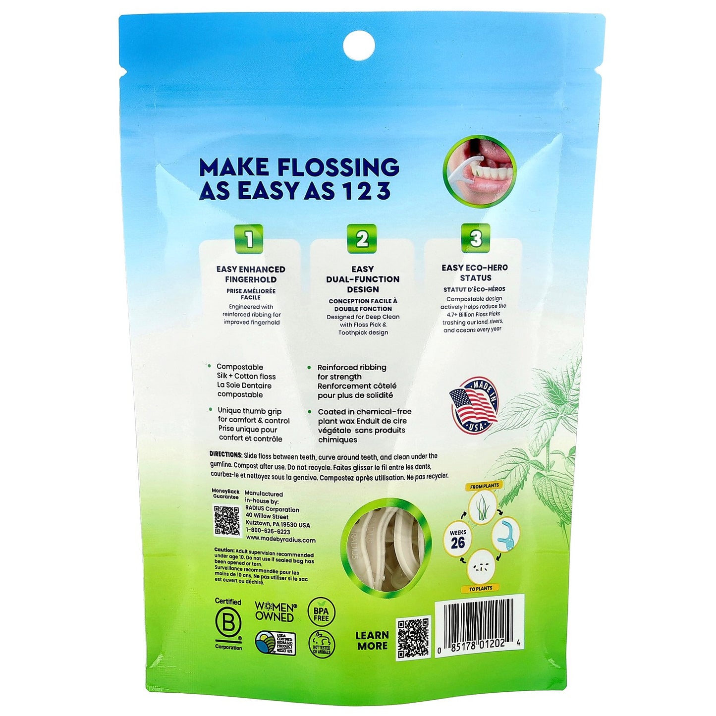 RADIUS, EcoClean Floss Picks™, Minty Peppermint, 50 Compostable Floss Picks
