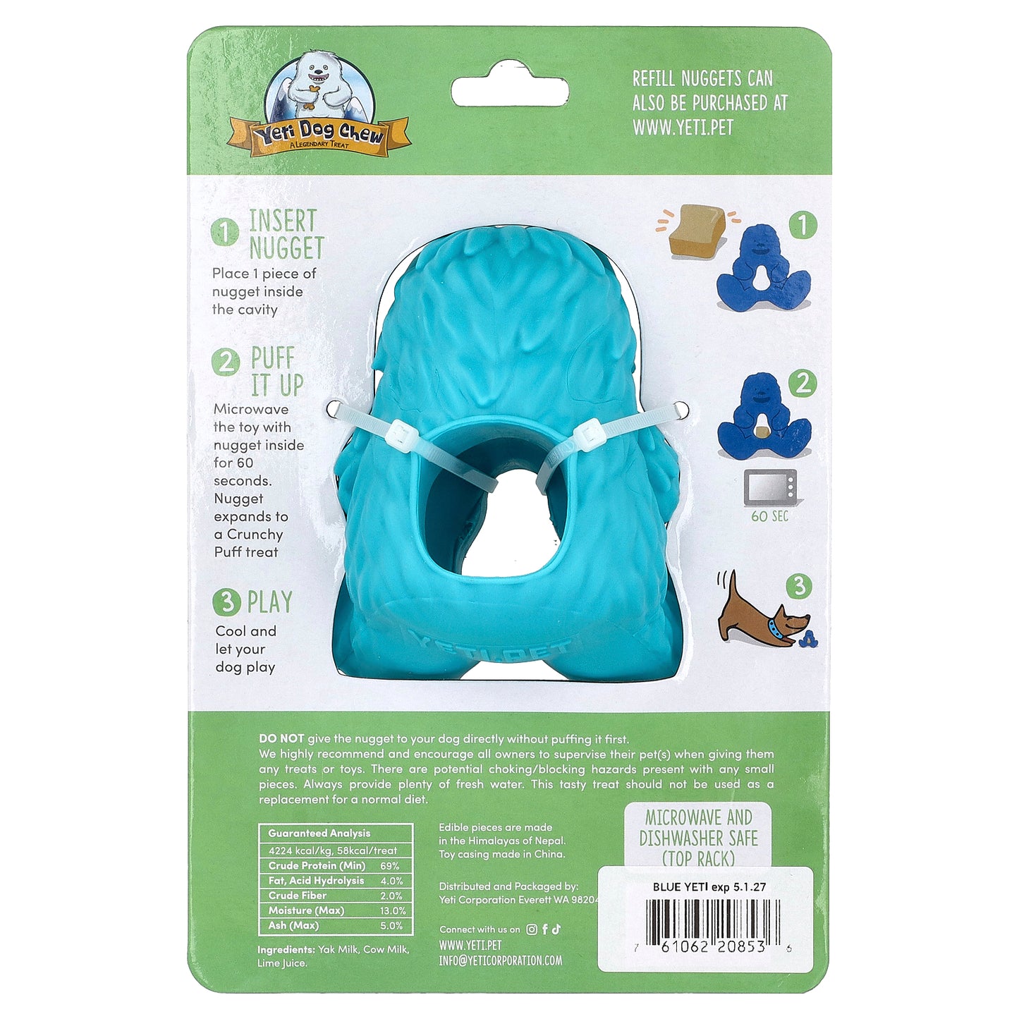 Puff & Play, Treat Dispenser, Yeti Dog Chew Nuggets, Blue, 4 Nuggets, 1 Dispenser