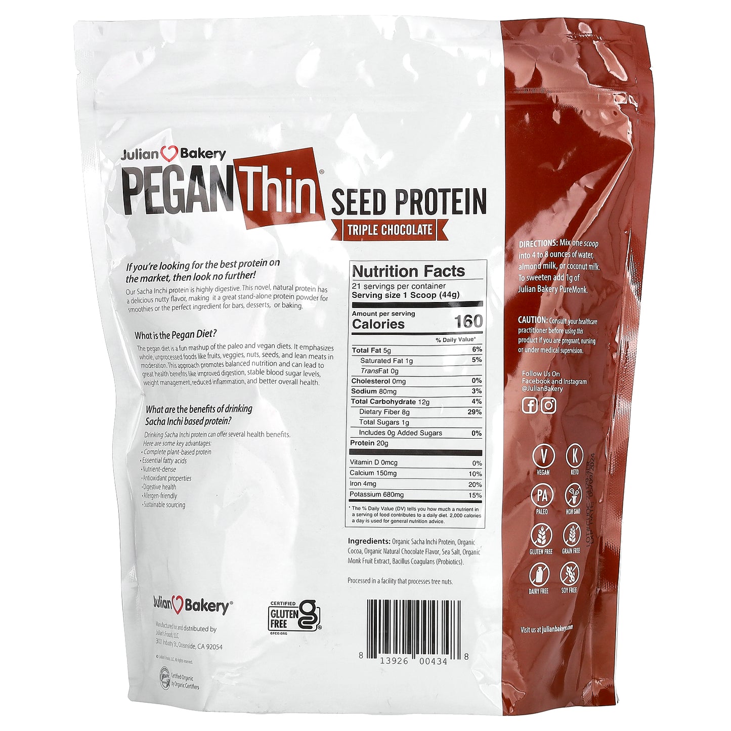 Julian Bakery, Pegan Thin, Seed Protein, Triple Chocolate, 2 lbs (924 g)