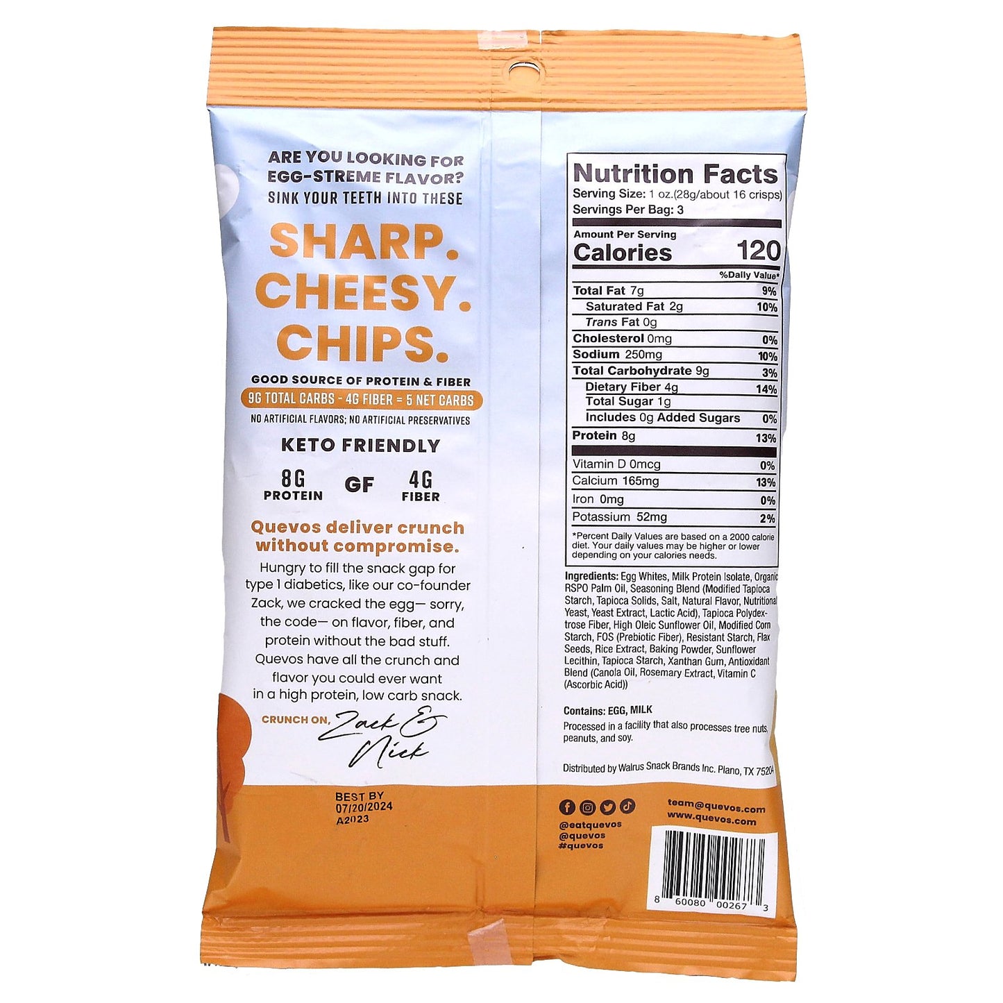 Quevos, Pita Style Protein Chips, Cheddar, 6 Family Pack Bags, 3.2 oz (90 g) Each