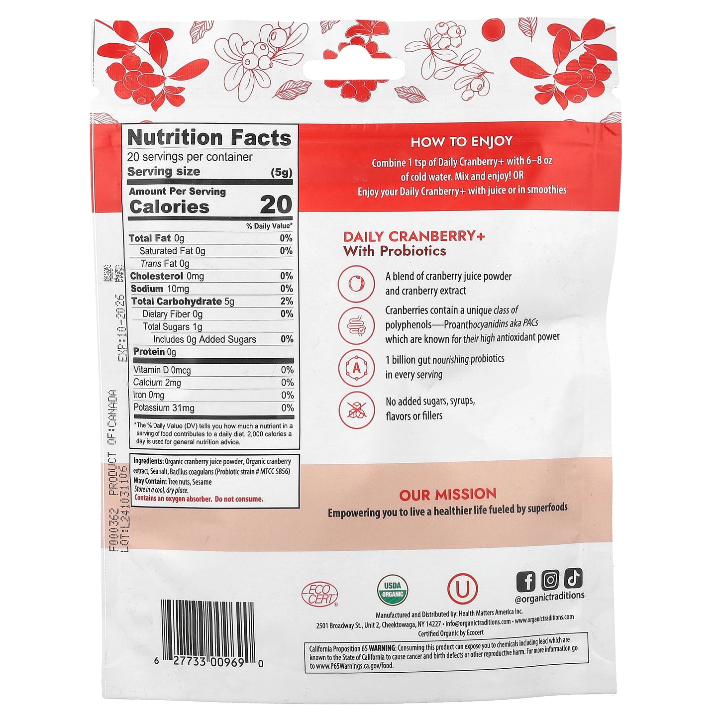 Organic Traditions, Daily Cranberry+ With Probiotics, 3.5 oz (100 g)