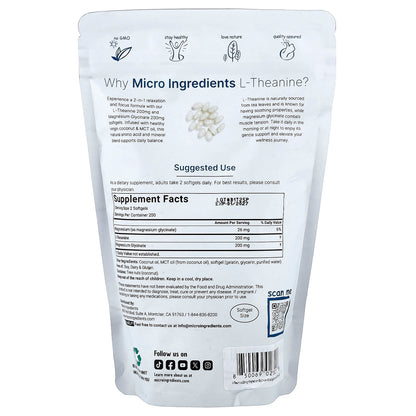 Micro Ingredients, L-Theanine + Magnesium Glycinate , 400 Softgels
