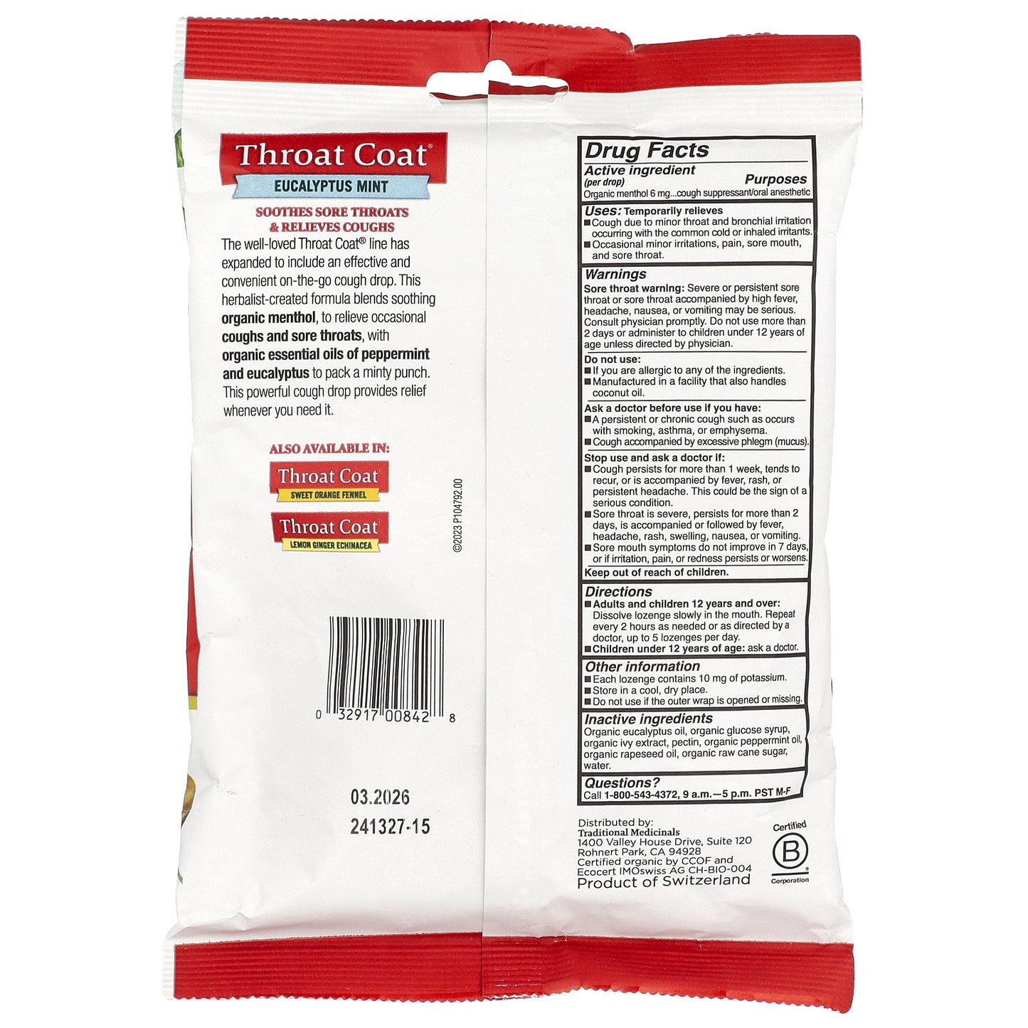 Traditional Medicinals, Organic Throat Coat® Drops, Eucalyptus Mint, 30 Menthol Cough Drops