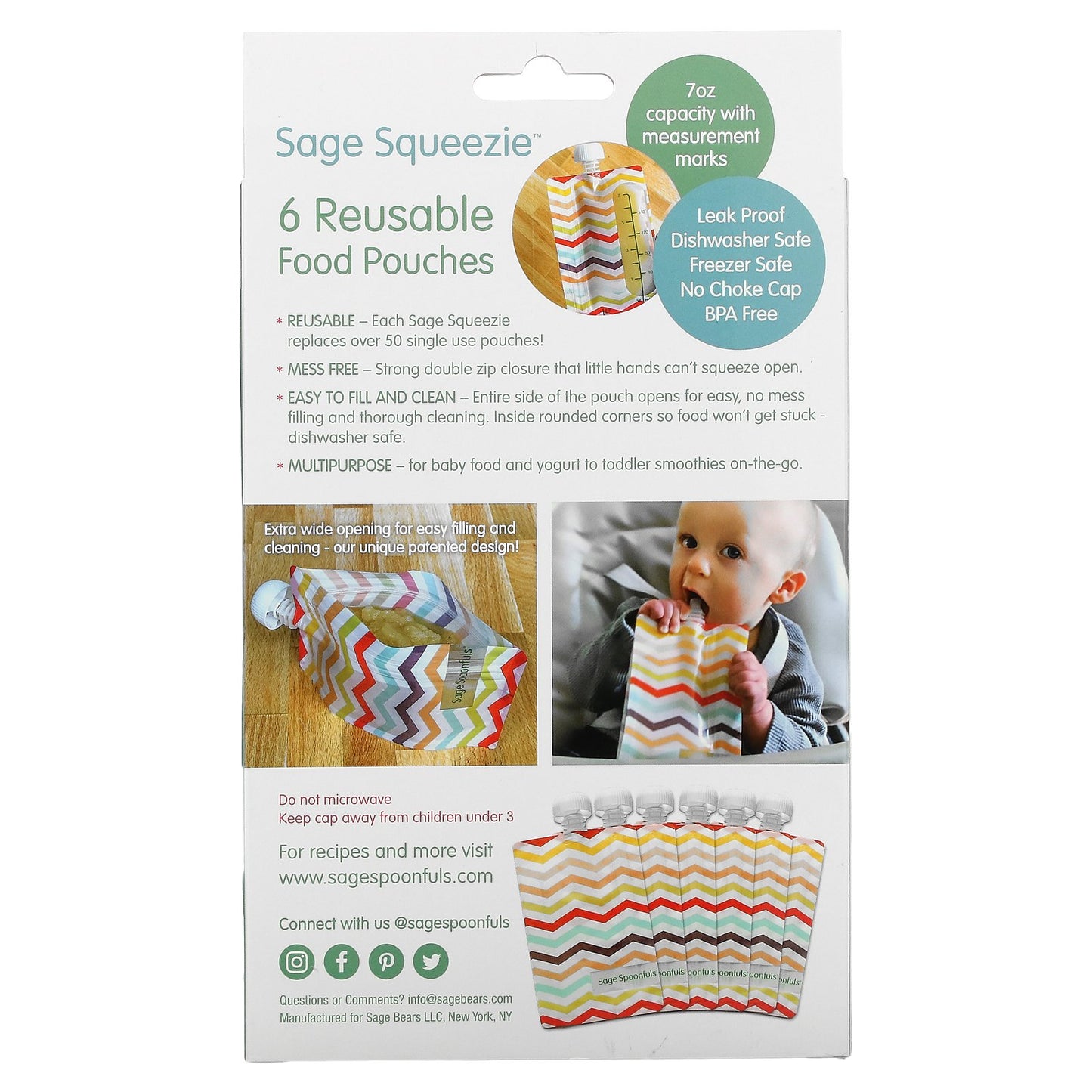 Sage Spoonfuls, Reusable Food Pouches, 4+ Months, 6 Pack