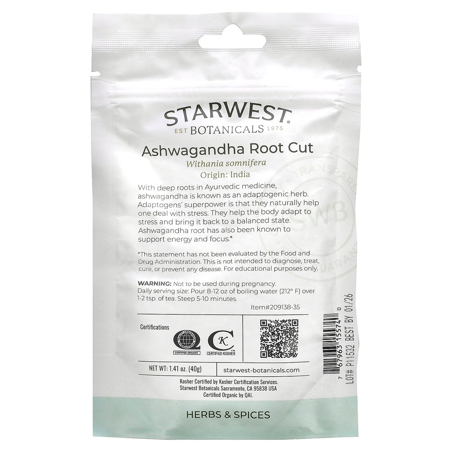 Starwest Botanicals, Organic Ashwagandha Root Cut, 1.41 oz (40 g)