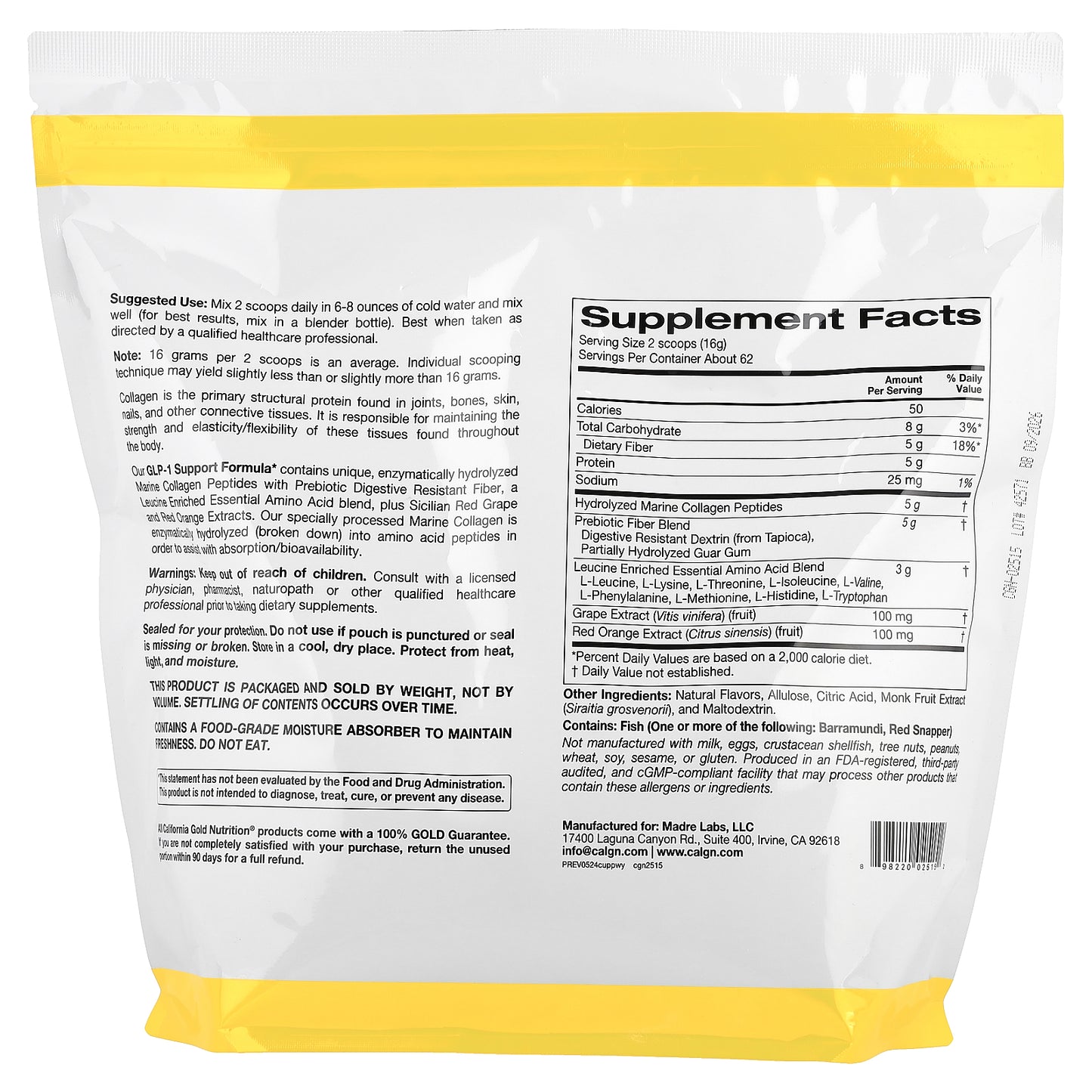 California Gold Nutrition, GLP-1 Support Formula with Collagen Peptides, Prebiotic Fiber & Essential Amino Acids, Watermelon Yuzu, 2.2 lb (1 kg)