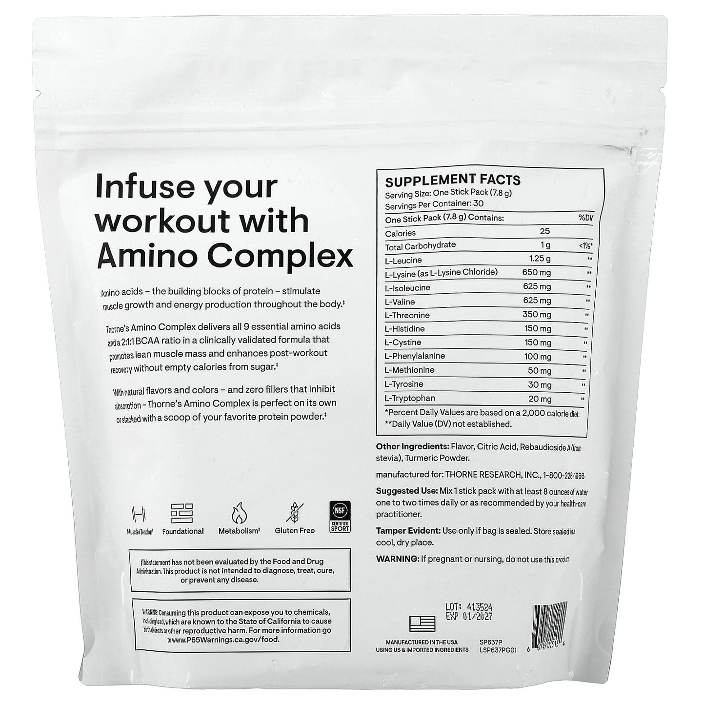 Thorne, Amino Complex, Lemon, 30 Stick Packs, 0.28 oz (7.8 g) Each