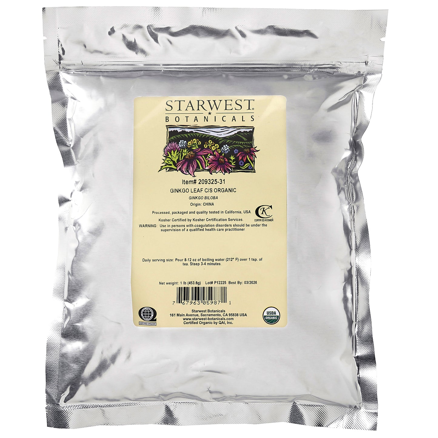 Starwest Botanicals, Organic Ginkgo Leaf, Cut & Sifted, 1 lb (453.6 g)