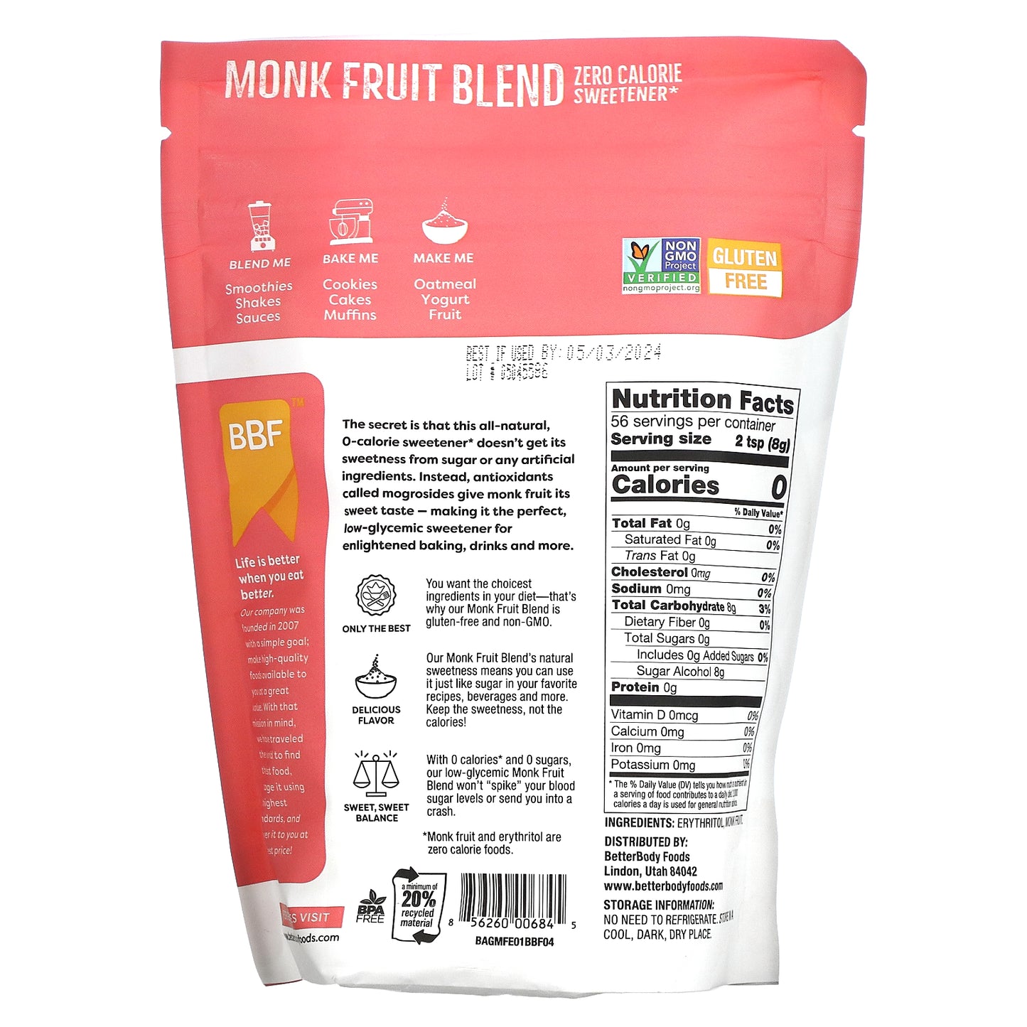 BetterBody Foods, Monk Fruit Blend, 1 lb (454 g)