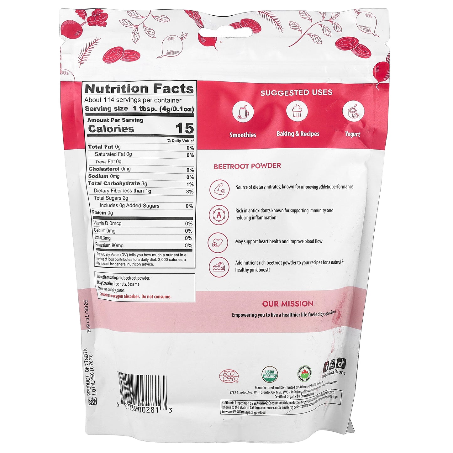 Organic Traditions, Beetroot Powder , 16 oz (454 g)