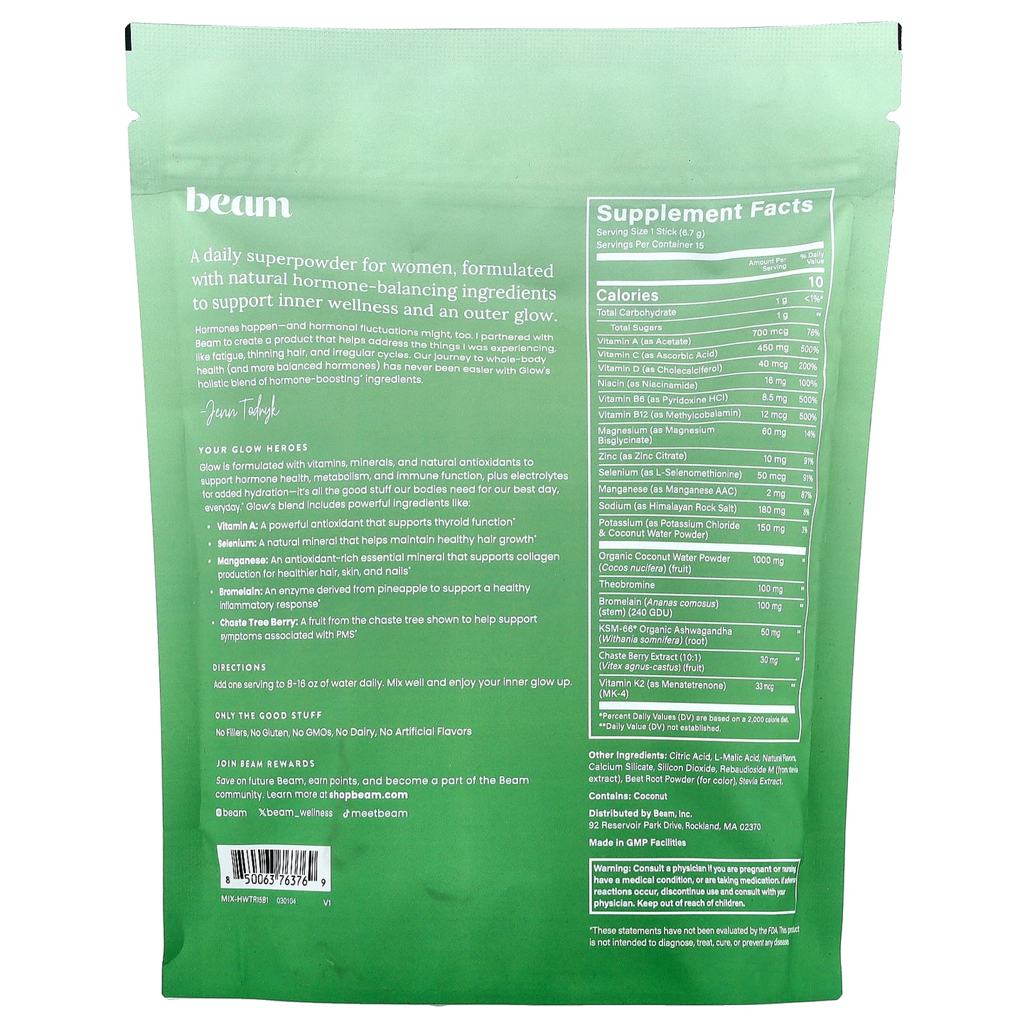 Beam, Glow, Watermelon, 15 Single-Serving Sticks, 0.24 oz (6.7 g) Each