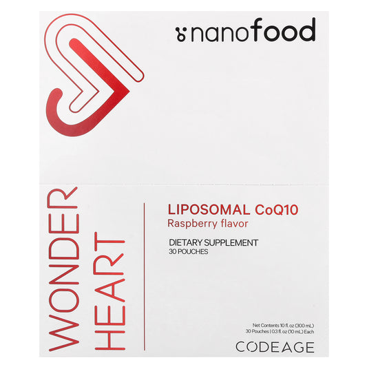 Codeage, Nanofood, Wonder Heart, Liposomal CoQ10, Raspberry, 30 Pouches, 0.3 fl oz (10 ml) Each