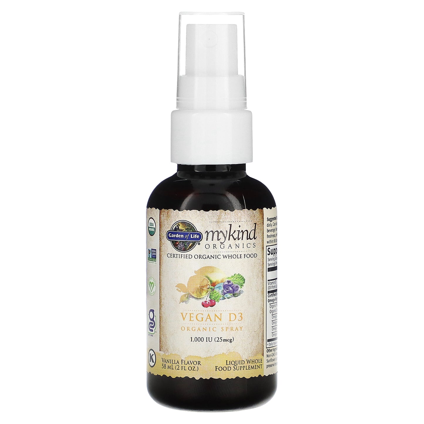 Garden of Life, MyKind Organics, Vegan D3 Organic Spray, Vanilla, 25 mcg (1,000 IU), 2 fl oz (58 ml)