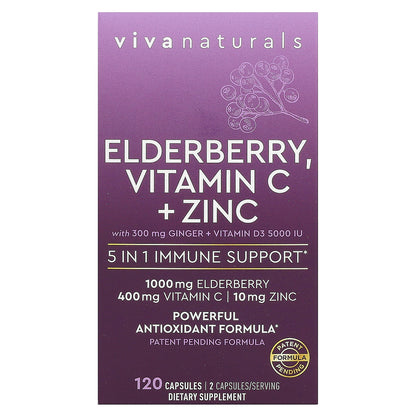 Viva Naturals, Elderberry, Vitamin C + Zinc, 120 Capsules