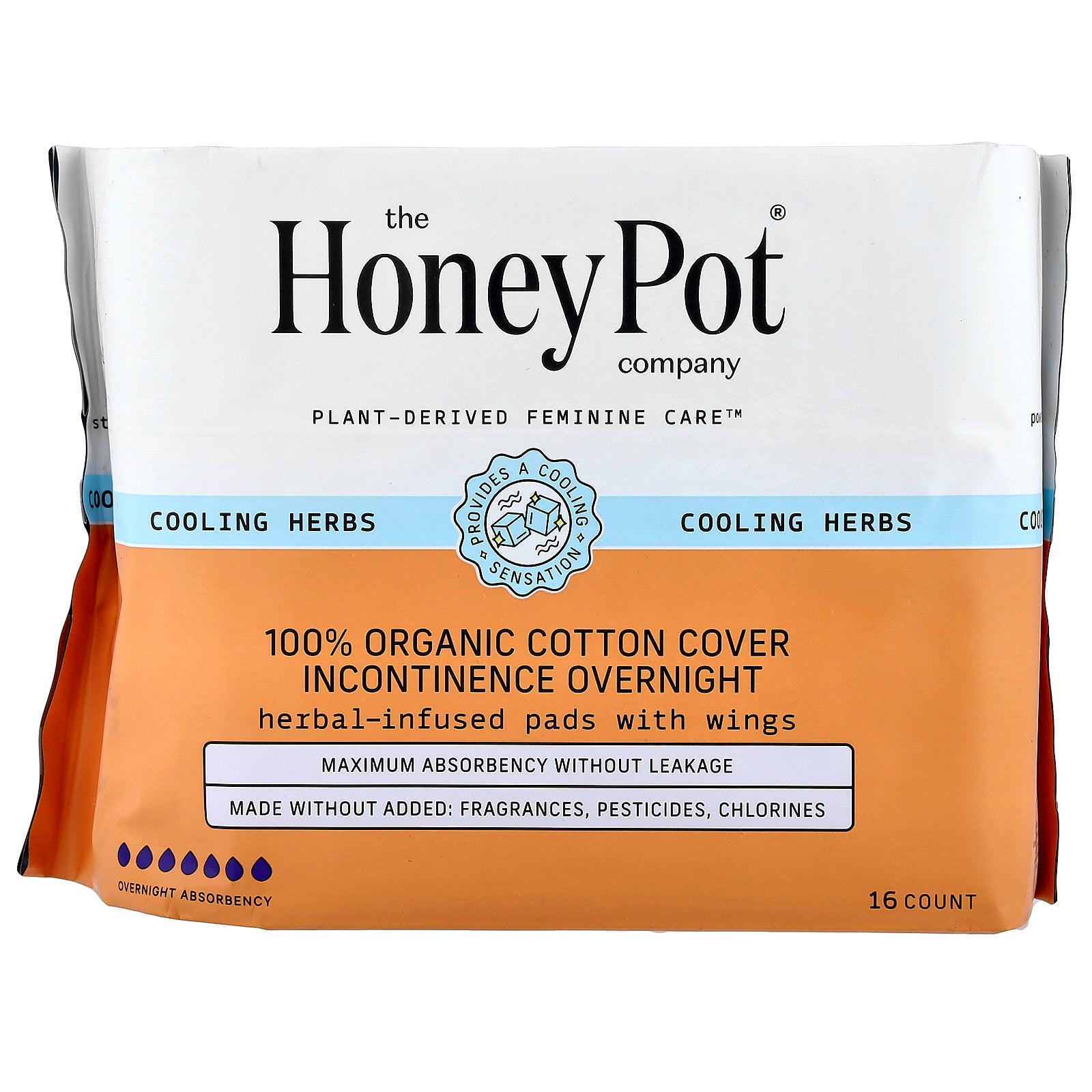 The Honey Pot Company, 100% Organic Cotton Cover, Herbal-Infused Pads With Wings, Incontinence Overnight, 16 Count
