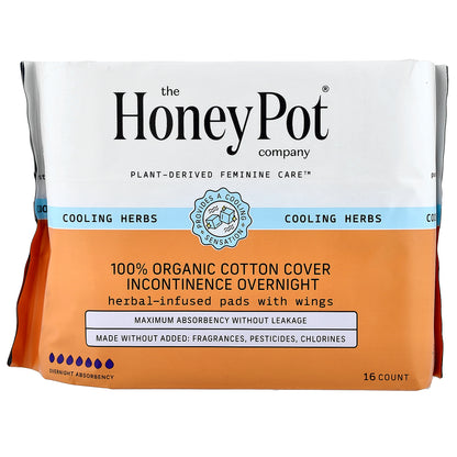 The Honey Pot Company, 100% Organic Cotton Cover, Herbal-Infused Pads With Wings, Incontinence Overnight, 16 Count