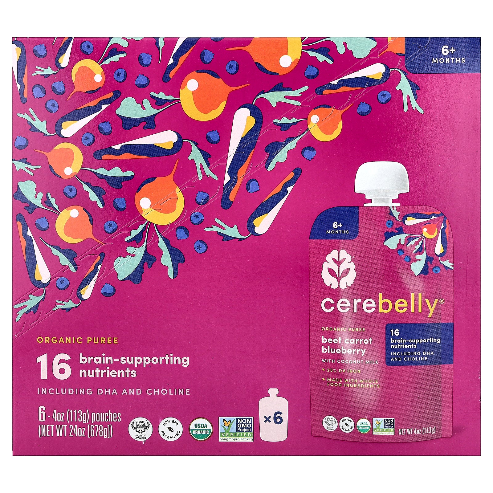 Cerebelly, Organic Puree, 6+ Months, Beet, Carrot, Blueberry with Coconut Milk, 6 Pouches, 4 oz (113 g) Each