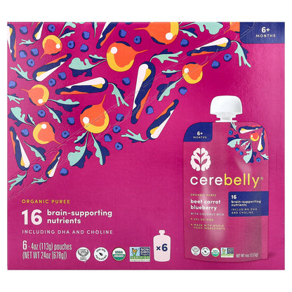 Cerebelly, Organic Puree, 6+ Months, Beet, Carrot, Blueberry with Coconut Milk, 6 Pouches, 4 oz (113 g) Each