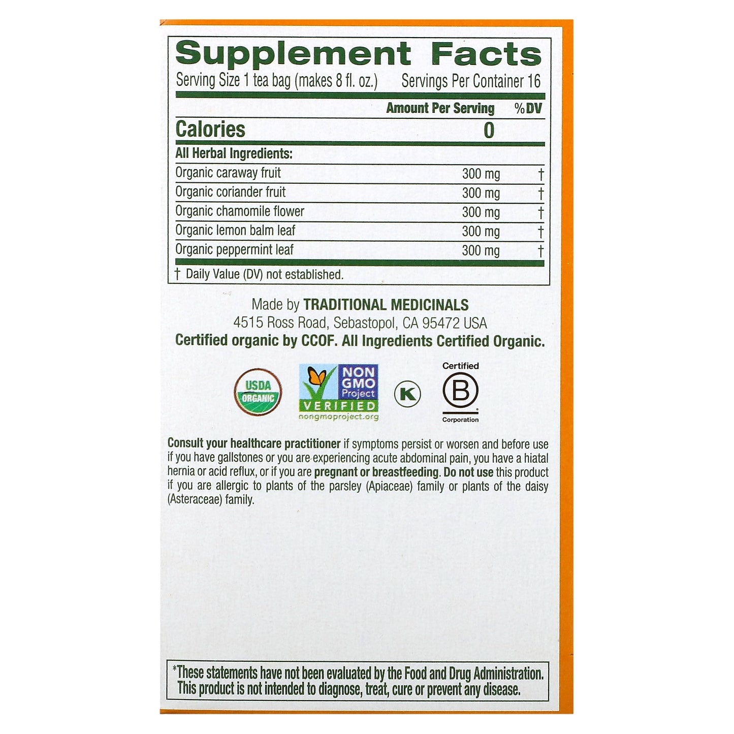 Traditional Medicinals, Organic Gas Relief™, Chamomile Mint, Caffeine Free, 16 Wrapped Tea Bags, 0.85 oz (24 g)