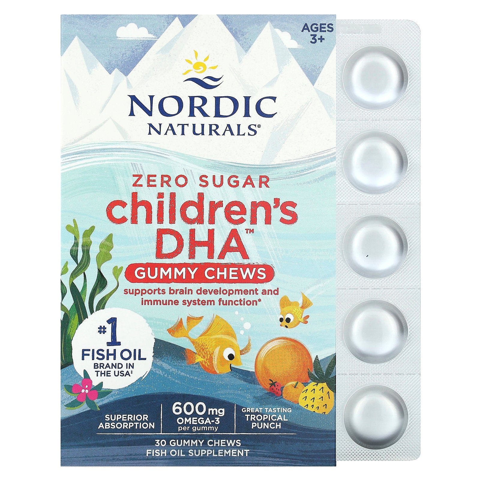 Nordic Naturals, Children's DHA Gummy Chews, Ages 3+, Tropical Punch, 600 mg, 30 Gummies