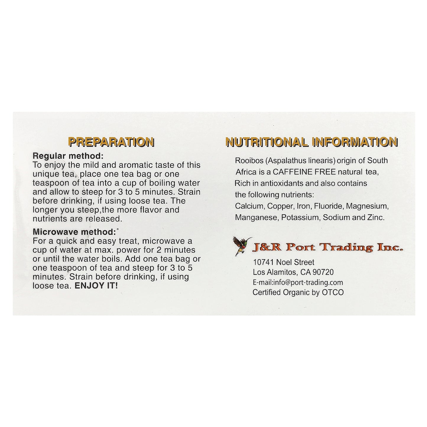 J&R Port Trading, Rooibos Red Tea, Caffeine Free, 20 Tea Bags, 1.765 oz (50 g)