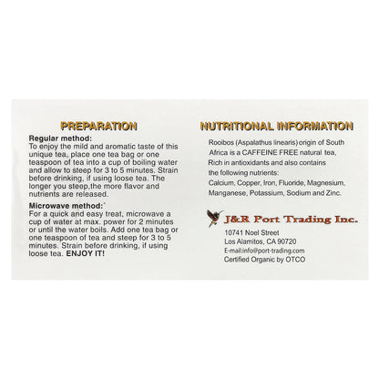 J&R Port Trading, Rooibos Red Tea, Caffeine Free, 20 Tea Bags, 1.765 oz (50 g)