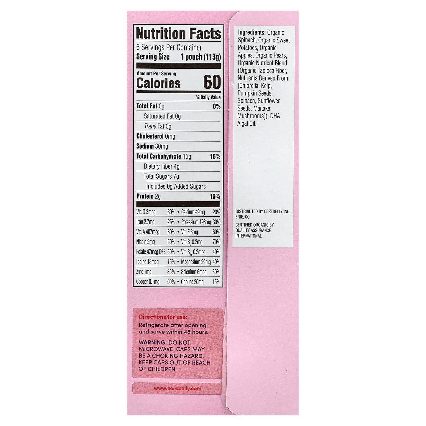 Cerebelly, Organic Puree, 6+ Months, Spinach, Apple, Sweet Potato, 6 Pouches, 4 oz (113 g) Each