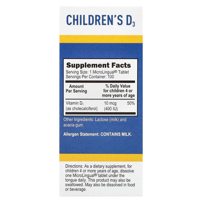 Superior Source, Children's D3, 10 mcg (400 IU), 100 MicroLingual® Instant Dissolve Tablets