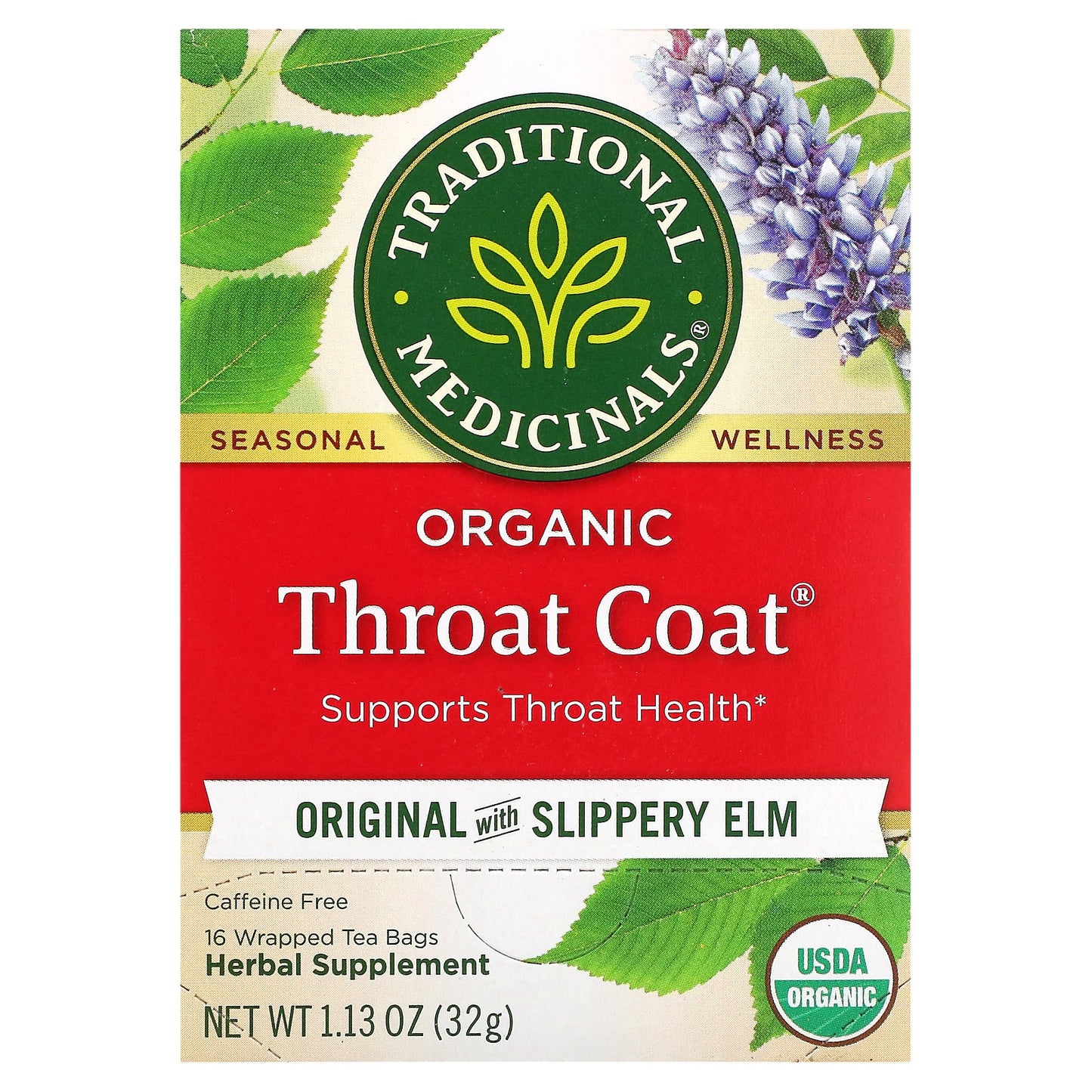 Traditional Medicinals, Organic Throat Coat, Original with Slippery Elm, Caffeine Free, 16 Wrapped Tea Bags, 1.13 oz (32 g)